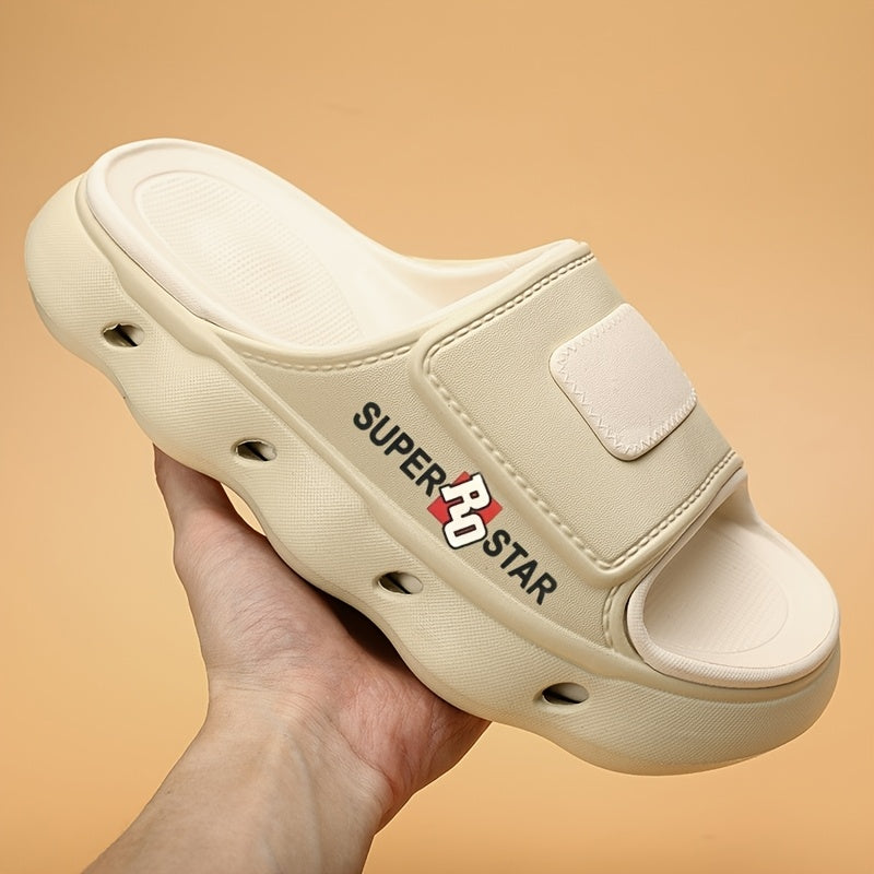 Women's SUPER STAR Print EVA Slide Sandals - High Quality Slip-Resistant Soft Sole Open-Toe Beach Slippers for Outdoor, Casual & Home Use - Light Beige with Teal Accents, Indoor Slippers | Opentoe Sandals | Lightweight Sandals