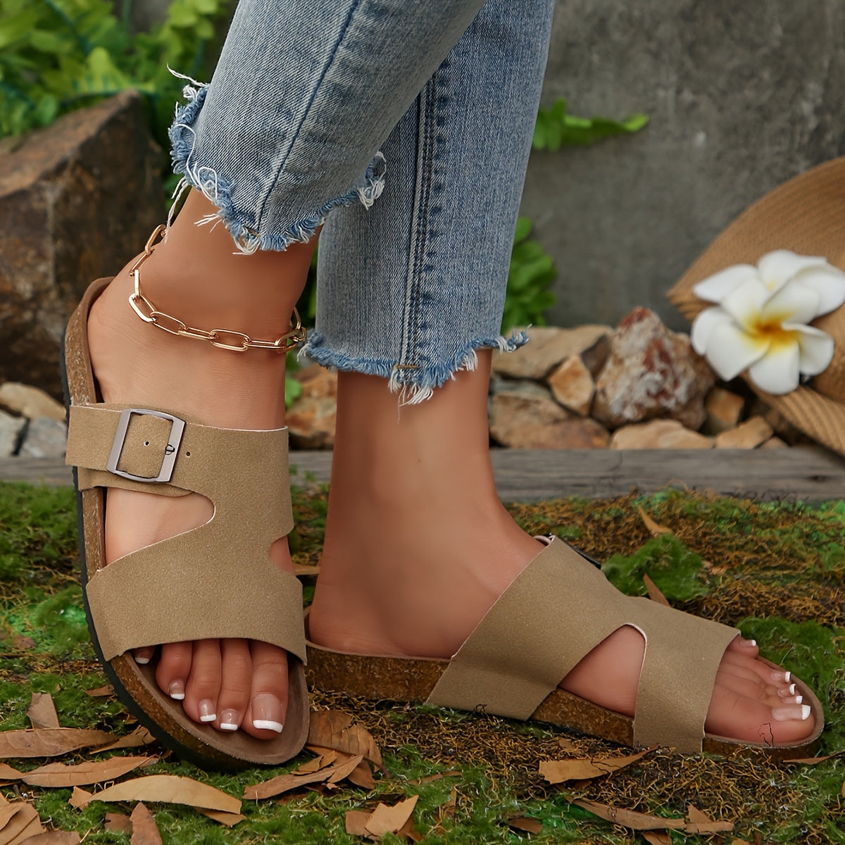 Women's Casual Slip-On Flat Sandals - Soft Cover Fabric with Adjustable Ankle Strap, Lightweight Breathable Summer Shoes, Black with Golden Accents, Comfortable for Casual Attire, Open Toe Design, Durable Tpr Sole