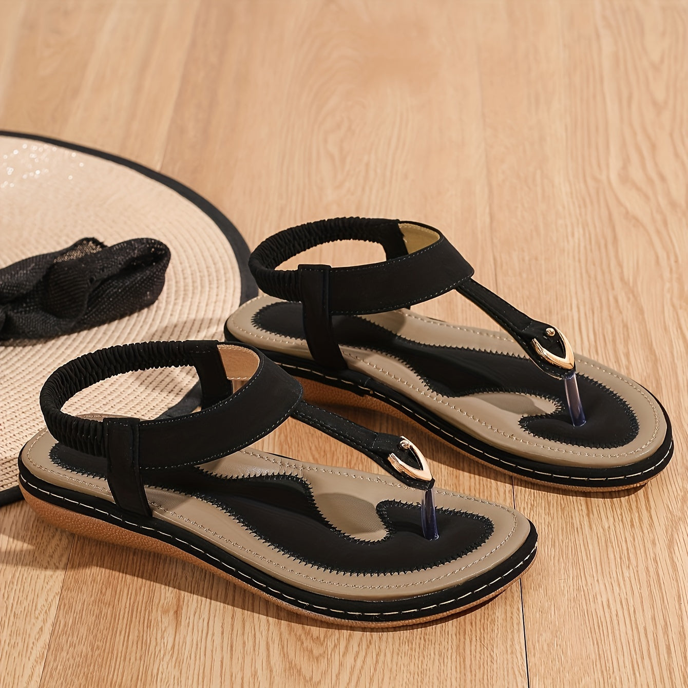 Chic Women's Flat Sandals - Minimalist T-Strap Design, Comfortable Slip-On Beach Shoes with Faux Cover Upper