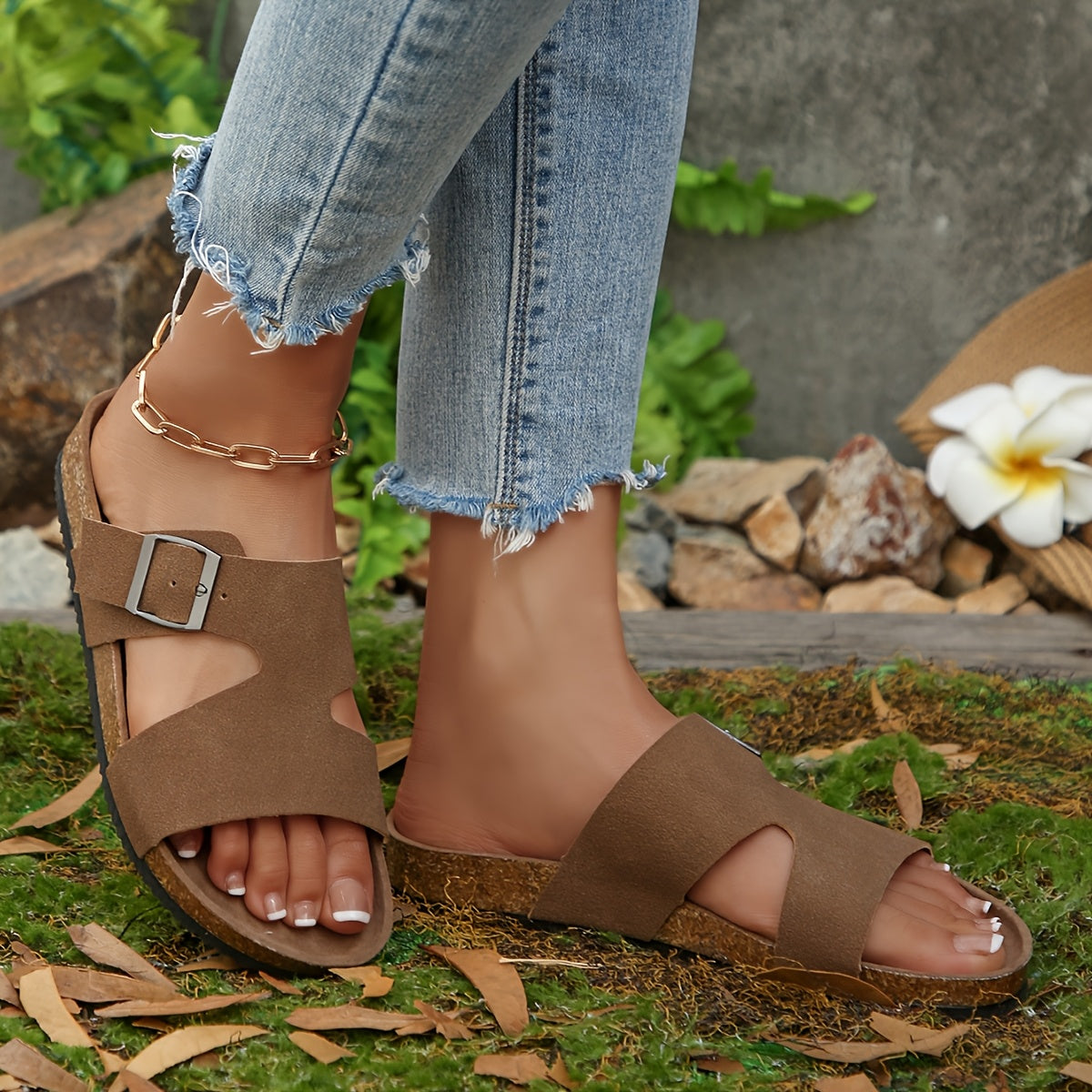 Women's Casual Slip-On Flat Sandals - Soft Cover Fabric with Adjustable Ankle Strap, Lightweight Breathable Summer Shoes, Black with Golden Accents, Comfortable for Casual Attire, Open Toe Design, Durable Tpr Sole