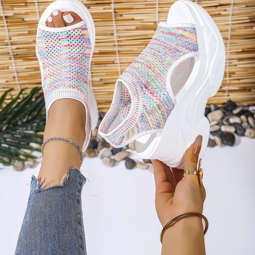 Women'S Lightweight Breathable Crochet Wedge Sandals - Open-Toe Thick Sole Casual Shoes with Ankle Strap, White & Colorful Geometric Pattern, Perfect for Casual Attire, Strappy Sandals