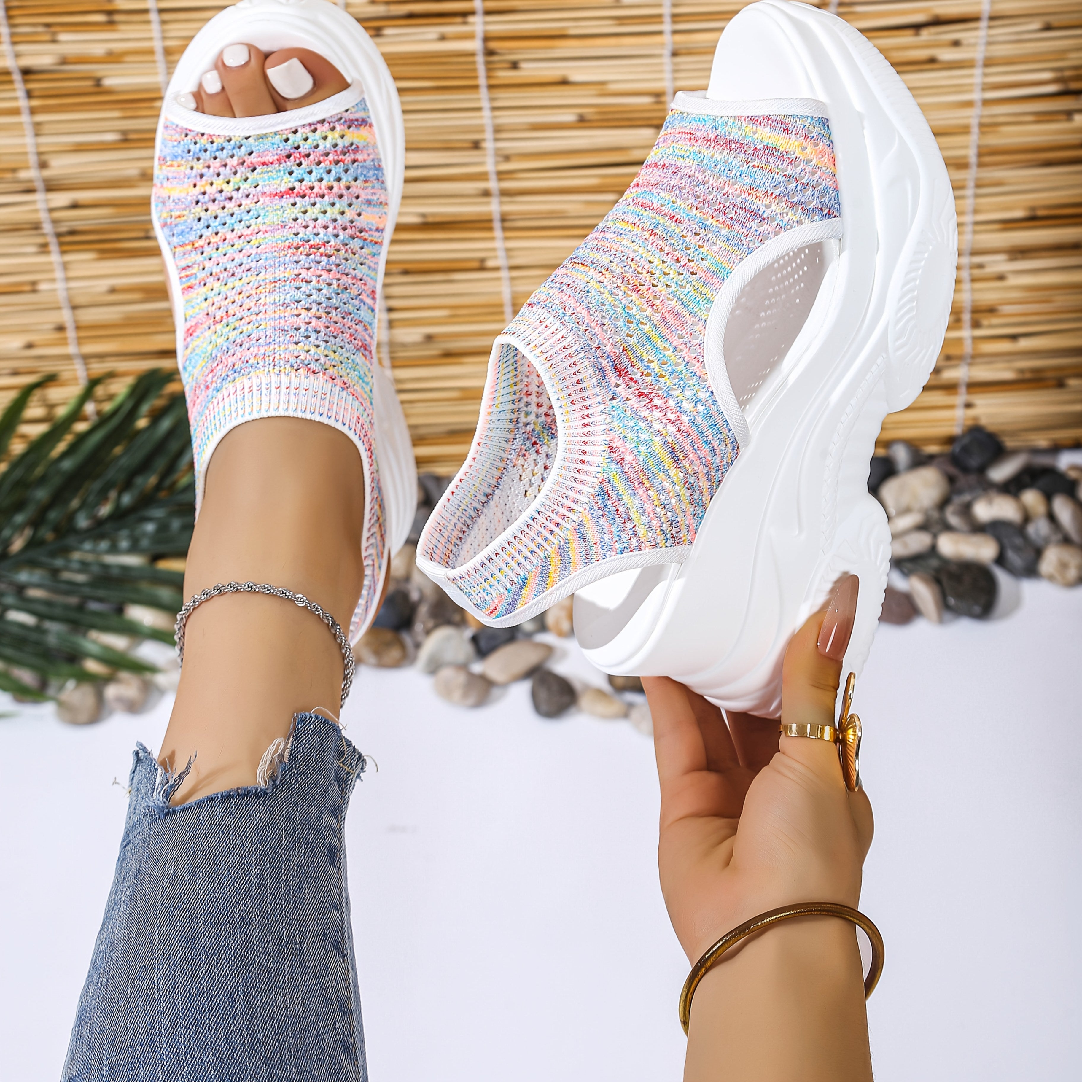 Women'S Lightweight Breathable Crochet Wedge Sandals - Open-Toe Thick Sole Casual Shoes with Ankle Strap, White & Colorful Geometric Pattern, Perfect for Casual Attire, Strappy Sandals