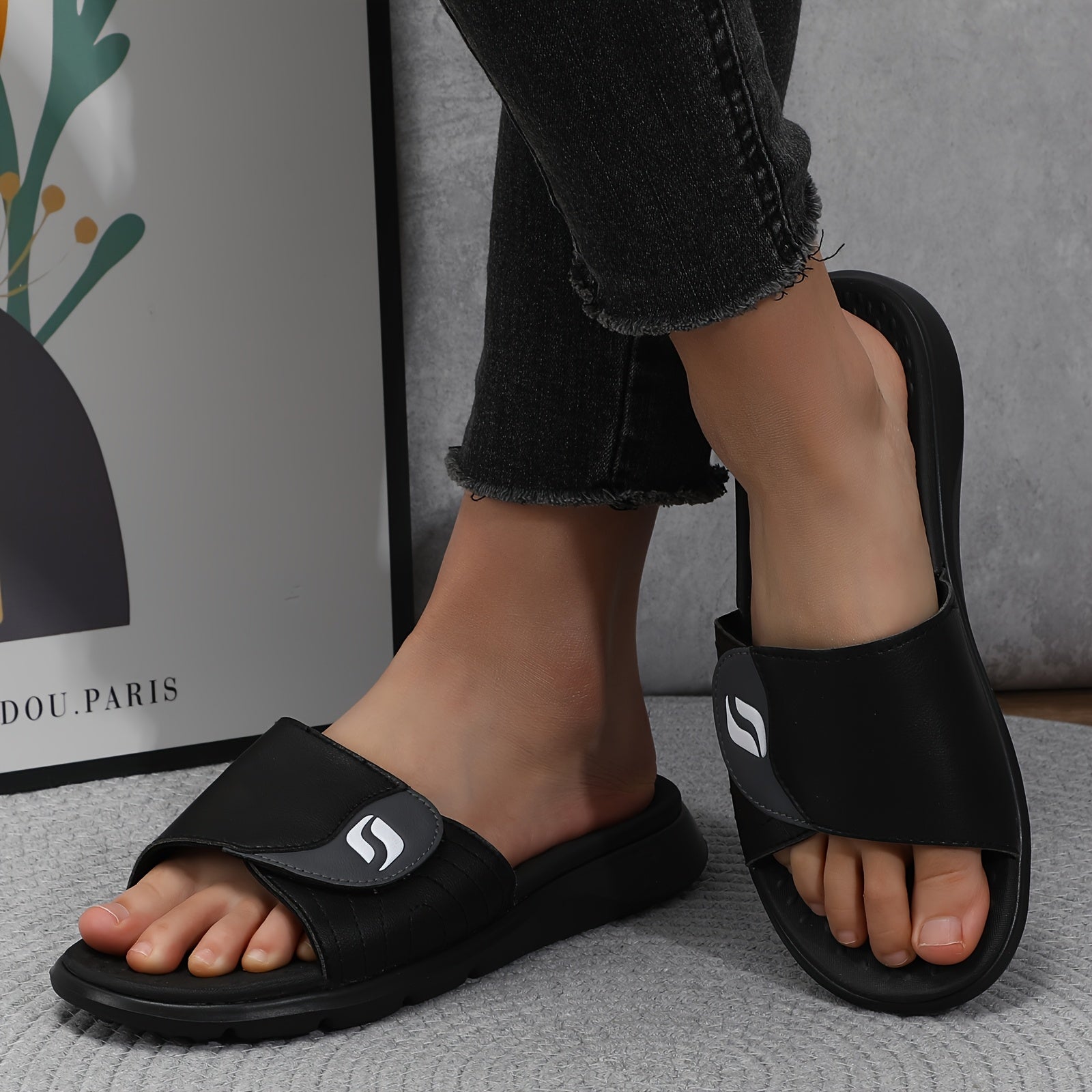 Women'S Orthopedic Slide Sandals with Adjustable Hook-and-Loop Strap - Black Open Toe Arch Support Shoes for Casual Wear, Beach, and Everyday Use, Everyday Footwear | Stylish Fisherman Footwear | Comfortable EVA Materia