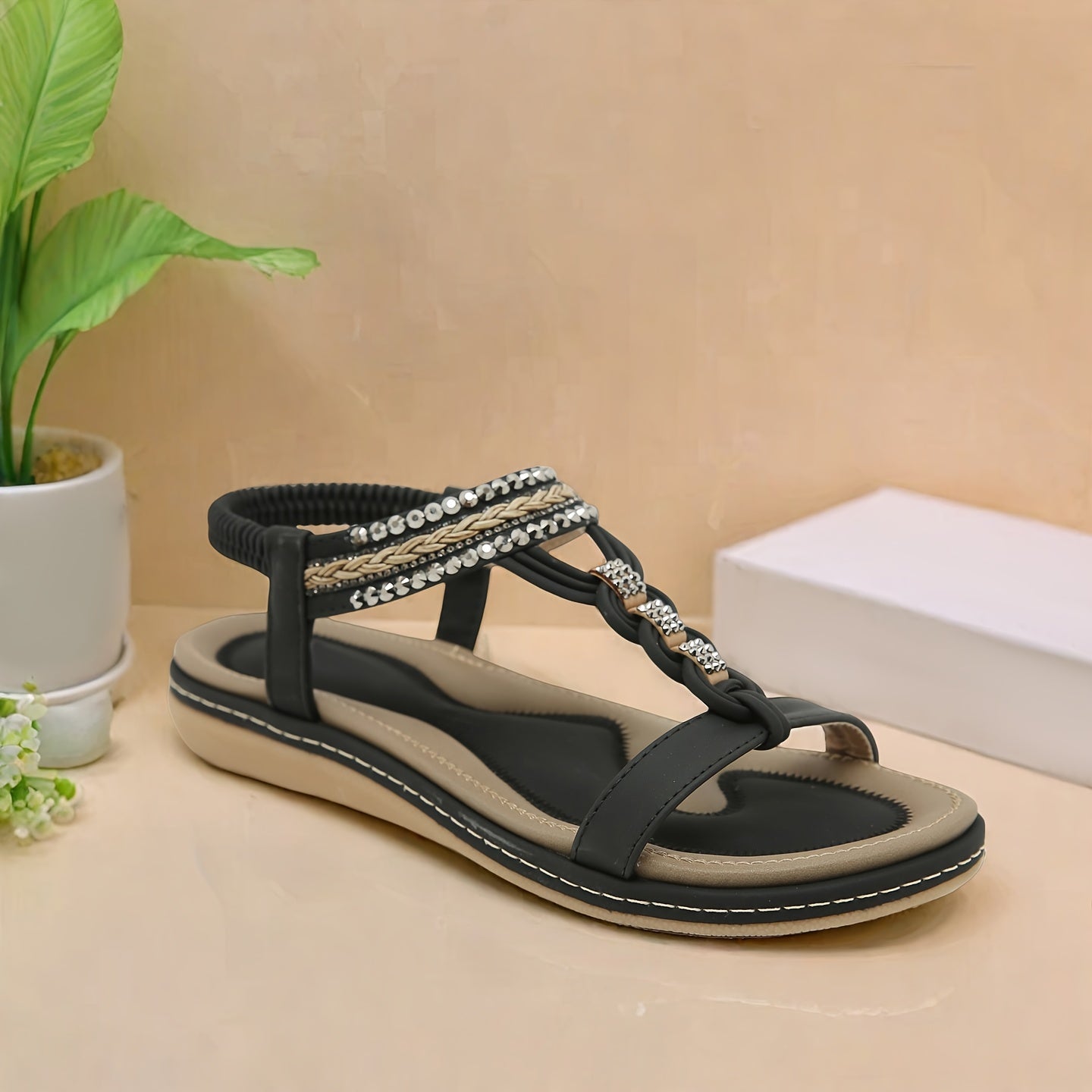 Women'S Bohemian Flat Sandals - Elastic Ankle Strap, Open-Toe Summer Beach Shoes with PU Cover Upper & Rubber Sole, Comfortable Casual Dressy Footwear for Casual Attire, Strappy Sandals, Comfortable Footwear, Durable Traction Footwear, Vacation Shoes,
