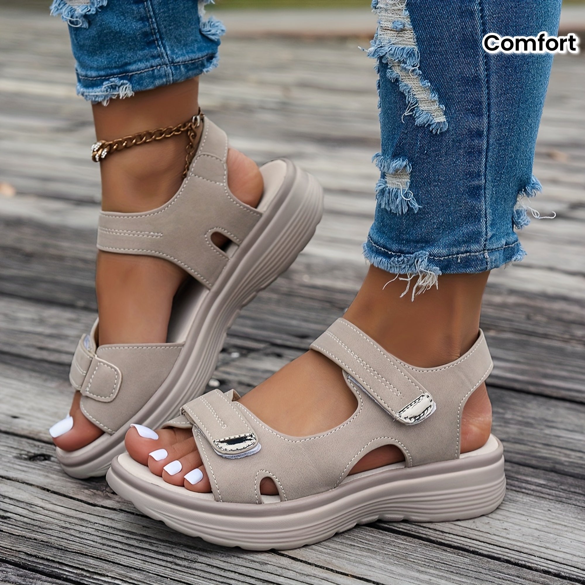 [Summer Sandals] CNSN Women's Ankle Strap Sandals | Thick Platform Wedge Heel, Breathable PU Cover, Open-Toe Casual Beach Shoes with Cushioned Insole & Secure Straps for Summer Outdoor Comfort