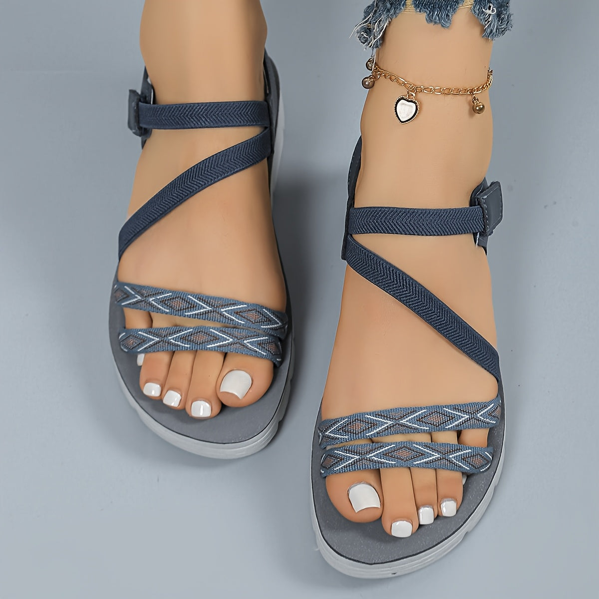 Women's Summer Sandals - Lightweight Breathable Slip-Ons with Soft TPR Sole, Open-Toe Beach Shoes for Pool, Casual Outfits - Grey/Blue Accents (Soft Cushioned Insole) - Easy-Clean Footbed, Wide Width Sandals, Leisure Footwear, Adjustable Straps, Durable