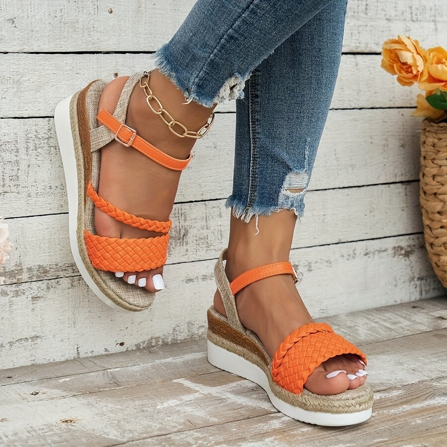 [Chic Sandals] Thick Platform Wedge Heel Women's Woven Design Sandals | Adjustable Ankle Strap, Breathable Faux Cover Open-Toe, Durable Rubber Sole, Strappy Summer Beach Shoes for Vacation, Outings, and Warm Weather