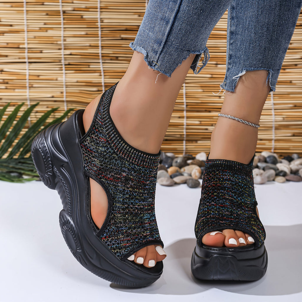 Women'S Lightweight Breathable Crochet Wedge Sandals - Open-Toe Thick Sole Casual Shoes with Ankle Strap, White & Colorful Geometric Pattern, Perfect for Casual Attire, Strappy Sandals