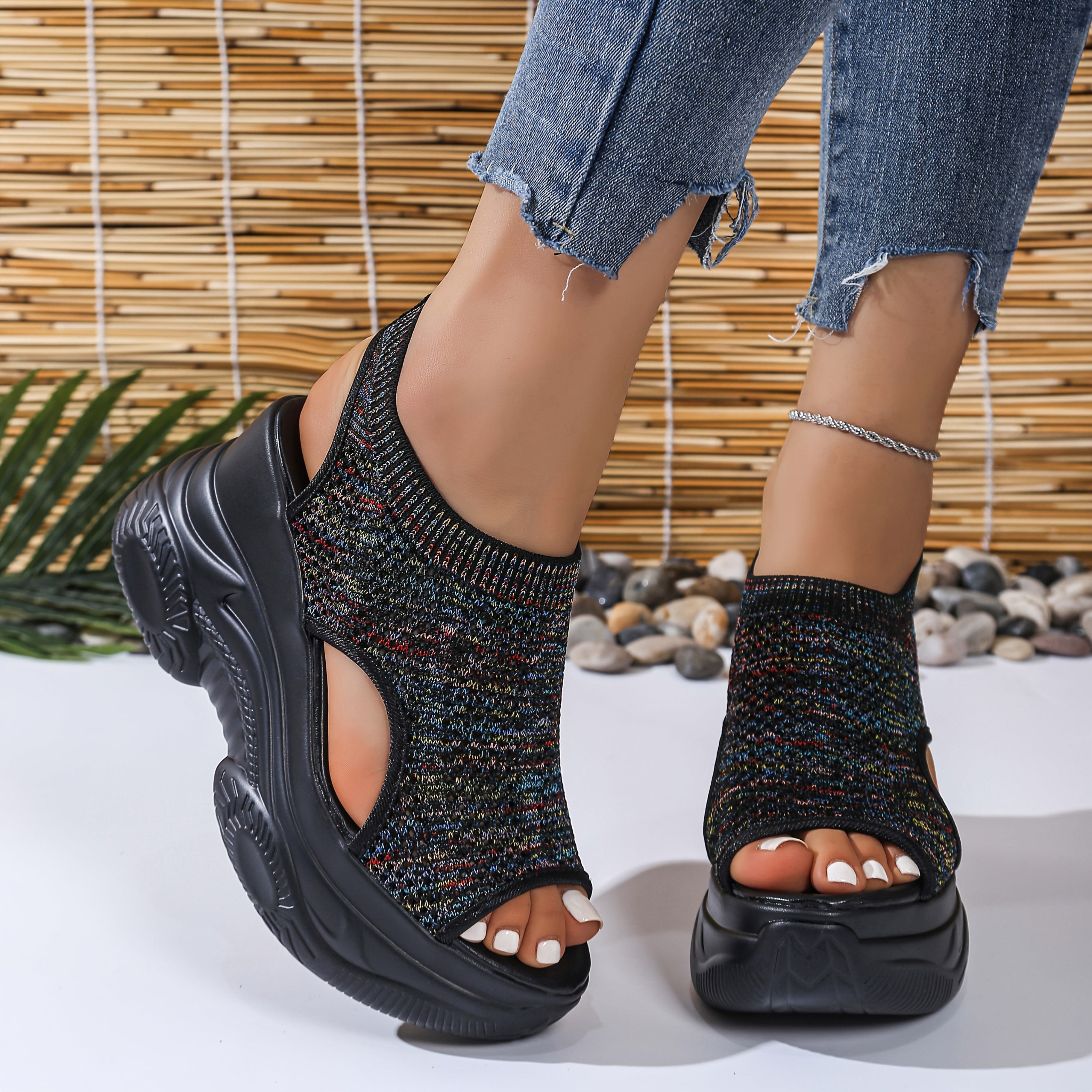Women'S Lightweight Breathable Crochet Wedge Sandals - Open-Toe Thick Sole Casual Shoes with Ankle Strap, White & Colorful Geometric Pattern, Perfect for Casual Attire, Strappy Sandals