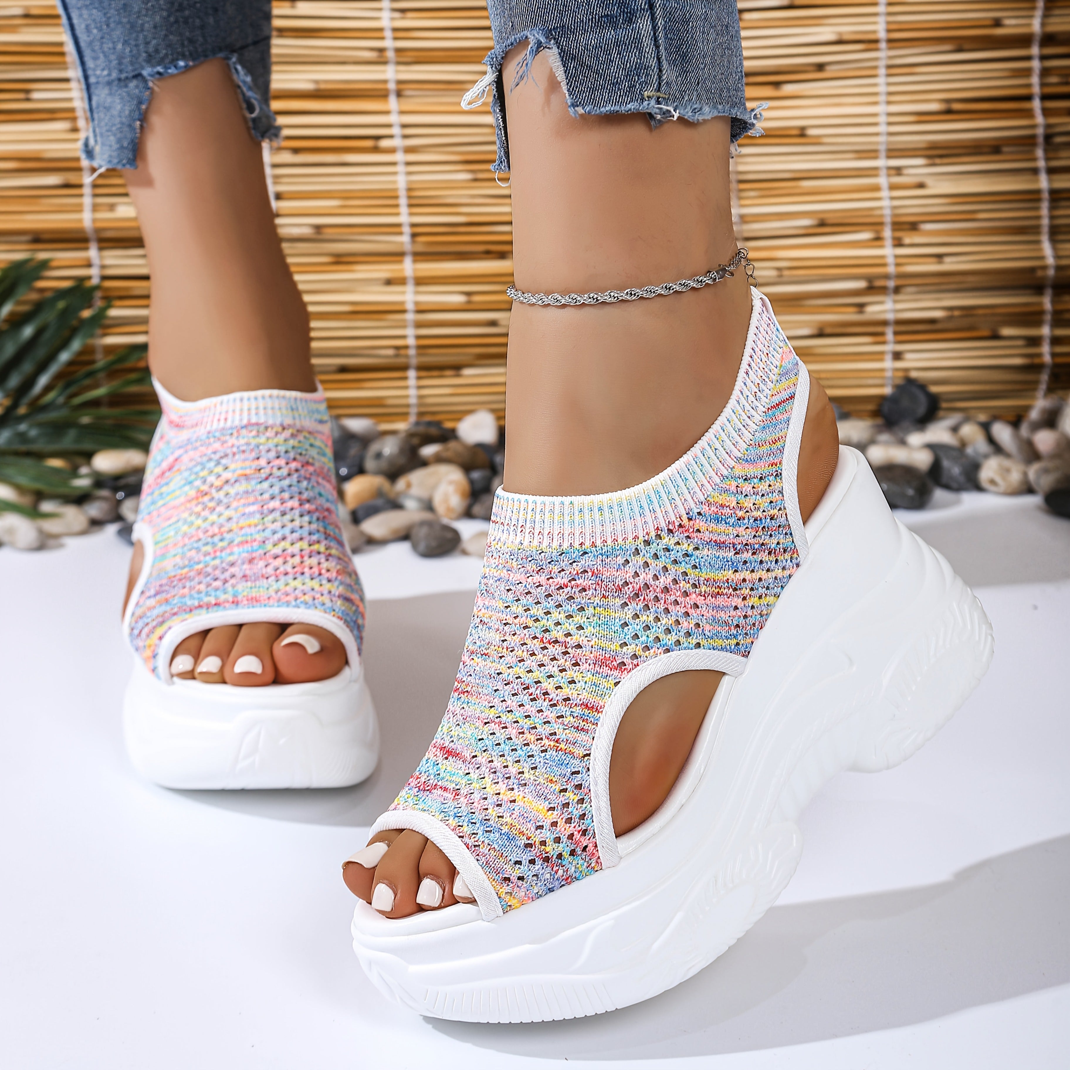 Women'S Lightweight Breathable Crochet Wedge Sandals - Open-Toe Thick Sole Casual Shoes with Ankle Strap, White & Colorful Geometric Pattern, Perfect for Casual Attire, Strappy Sandals