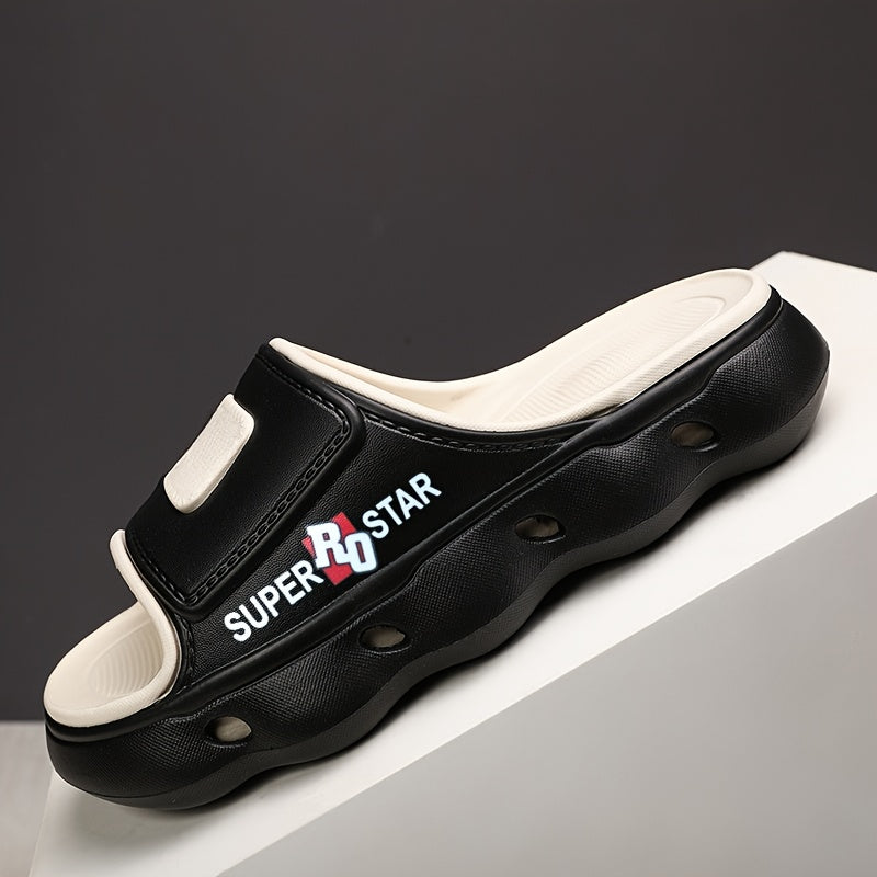 Women's SUPER STAR Print EVA Slide Sandals - High Quality Slip-Resistant Soft Sole Open-Toe Beach Slippers for Outdoor, Casual & Home Use - Light Beige with Teal Accents, Indoor Slippers | Opentoe Sandals | Lightweight Sandals