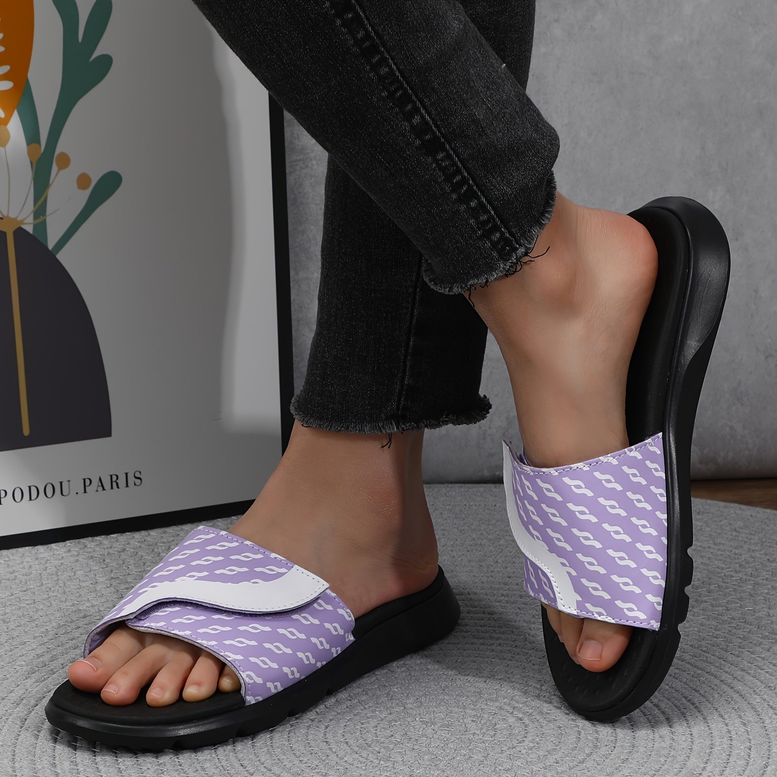 Women'S Orthopedic Slide Sandals with Adjustable Hook-and-Loop Strap - Black Open Toe Arch Support Shoes for Casual Wear, Beach, and Everyday Use, Everyday Footwear | Stylish Fisherman Footwear | Comfortable EVA Materia