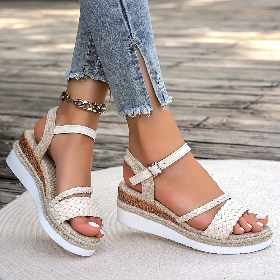 [Chic Sandals] Thick Platform Wedge Heel Women's Woven Design Sandals | Adjustable Ankle Strap, Breathable Faux Cover Open-Toe, Durable Rubber Sole, Strappy Summer Beach Shoes for Vacation, Outings, and Warm Weather