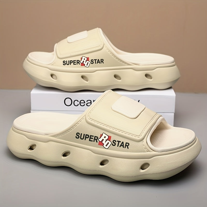 Women's SUPER STAR Print EVA Slide Sandals - High Quality Slip-Resistant Soft Sole Open-Toe Beach Slippers for Outdoor, Casual & Home Use - Light Beige with Teal Accents, Indoor Slippers | Opentoe Sandals | Lightweight Sandals