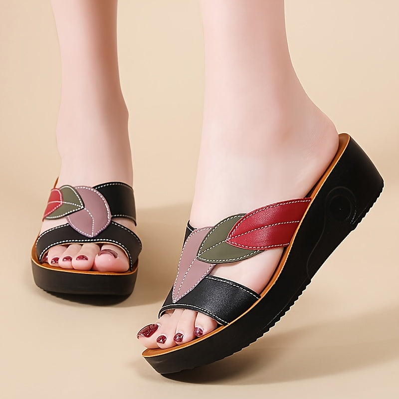 Women's Summer Leaf-Decorated Slip-On Sandals - Thick Cushioned TPU Sole, Non-Slip Soft Synthetic Cover, Open-Toe Casual Comfort for Beach & Casual Attire, Beach Shoes, Leisure Footwear, Decorative Leaf Design, Durable Traction Sole