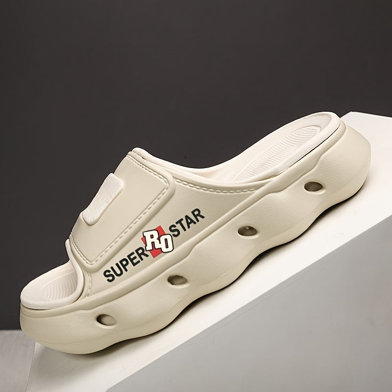 Women's SUPER STAR Print EVA Slide Sandals - High Quality Slip-Resistant Soft Sole Open-Toe Beach Slippers for Outdoor, Casual & Home Use - Light Beige with Teal Accents, Indoor Slippers | Opentoe Sandals | Lightweight Sandals