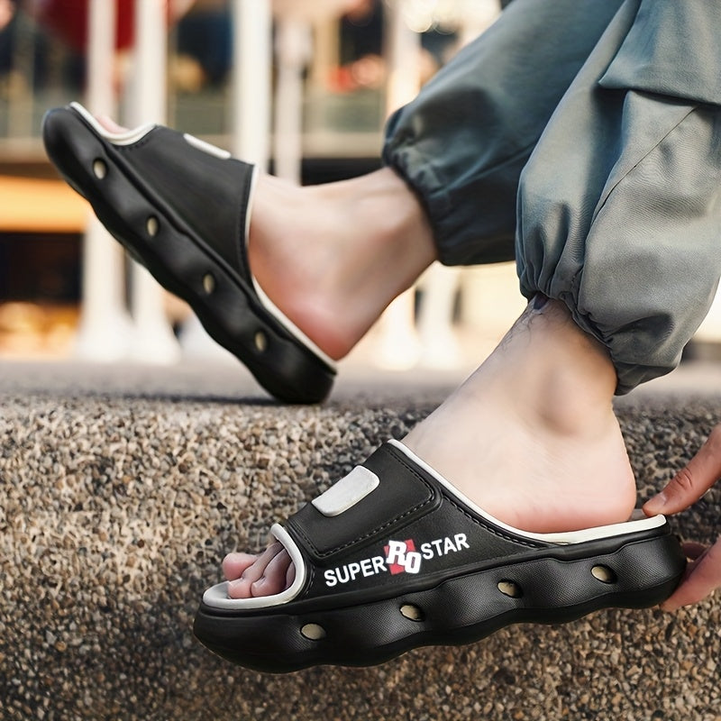 Women's SUPER STAR Print EVA Slide Sandals - High Quality Slip-Resistant Soft Sole Open-Toe Beach Slippers for Outdoor, Casual & Home Use - Light Beige with Teal Accents, Indoor Slippers | Opentoe Sandals | Lightweight Sandals