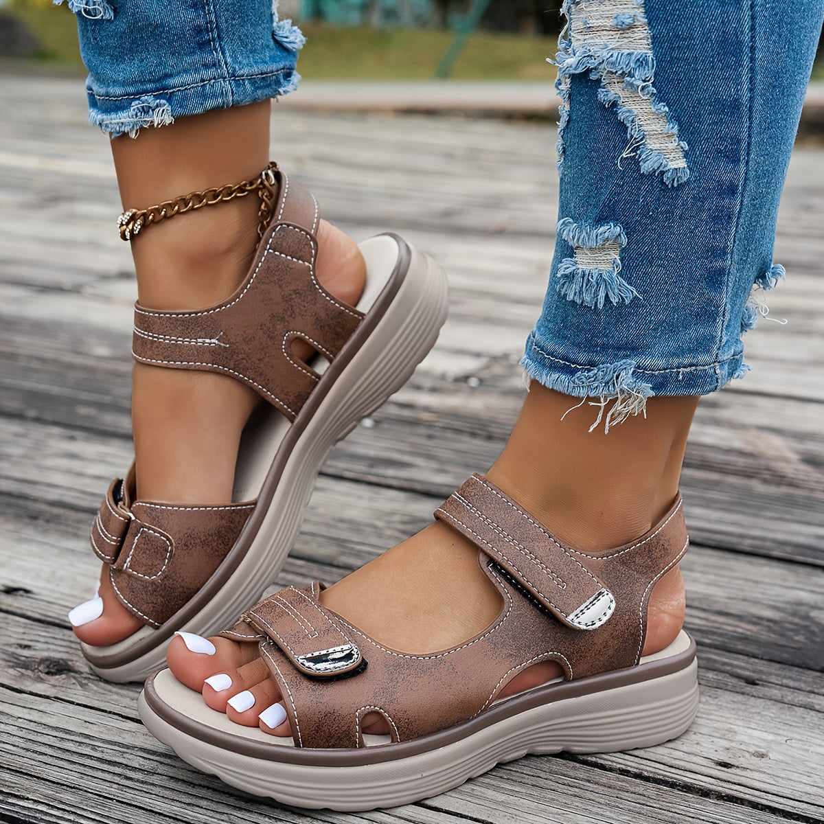 [Summer Sandals] CNSN Women's Ankle Strap Sandals | Thick Platform Wedge Heel, Breathable PU Cover, Open-Toe Casual Beach Shoes with Cushioned Insole & Secure Straps for Summer Outdoor Comfort