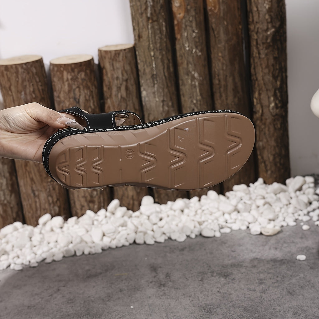 [Lightweight Sandals] Lightweight Women's Adjustable Hook-and-Loop Sandals | Open-Toe Summer Beach Shoes with Breathable Cut-Out Design, Black Synthetic Cover for Casual & Formal Wear, Strappy Sandals, Comfortable Footwear, Durable Footwear